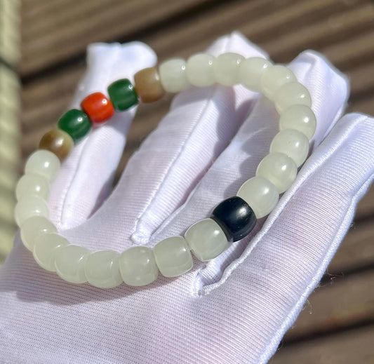 8*7mm Certified Natural hetian jade Qinghai white Nephrite bracelet/straight cut/with Nanhong /rainnbow nephrite天然精品和田玉 直切老型珠 青海老料冰白玉 #2440