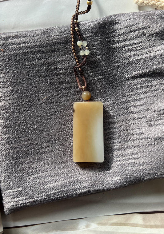 Certified natural hetian jade Siberian brown white nephrite rectangle pendant /safety pendant necklace 天然精品和田玉 俄料糖白玉无事牌 吊坠 项链#0333 油熟老料