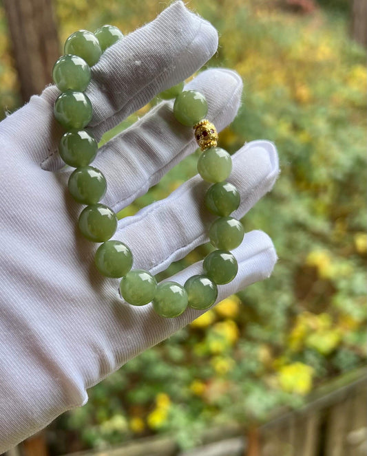 10mm Certified natural hetian jade/Qinghai old mine  nephrite Bracelet/ icy lake green  nephrite 天然和田玉 青海老矿晴水料 冰润湖水绿 #3728