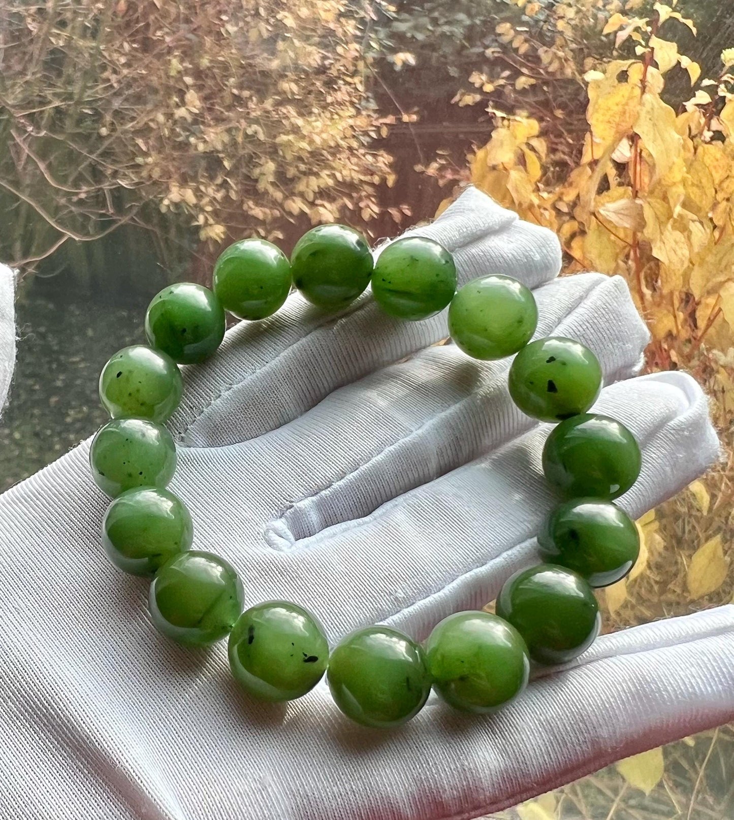 12mm Certified Natural hetian jade  Siberian green nephrite Bracelet/oily green nephrite 天然和田玉 俄料碧玉手链  冰润细腻#0631