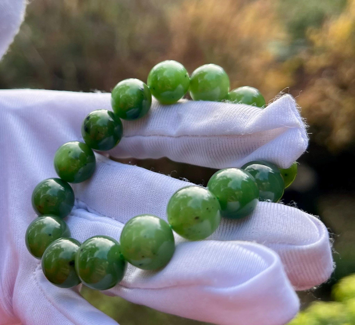 12mm Certified Natural hetian jade  Siberian green nephrite Bracelet/oily green nephrite 天然和田玉 俄料碧玉手链  冰润细腻#0631