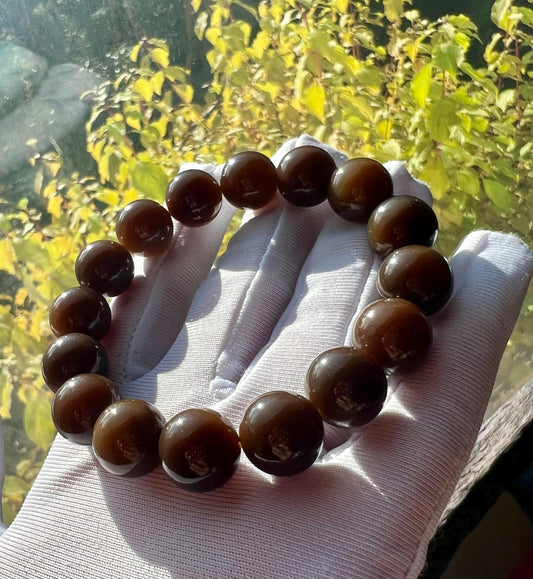 12mm Certified Natural Hetian jade/ Qiemo Jinshan dark red brown nephrite bracelet/chocolate color 天然精品和田玉 糖玉手串 且末金山老红糖 浓巧克力糖 #2402