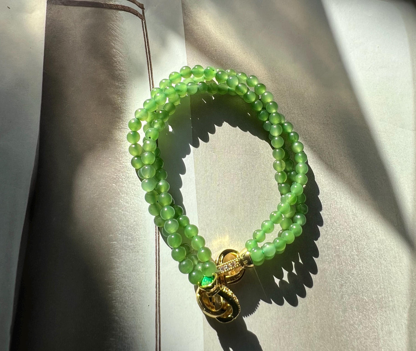 Certified Natural hetian jade Siberian Green Nephrite/three-wrap twist bracelet/adjustable length 天然精品和田玉 俄料碧玉 嫩果绿三圈小米珠麻花手链 #0132 扭扭手链