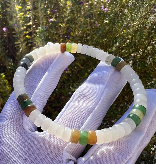 Certified natural Hetian jade/white and multi color nephrite bracelet/straight cut thin beads天然精品和田玉 白玉多宝手串 #2157 直切隔片珠（白玉碧玉糖玉青花）