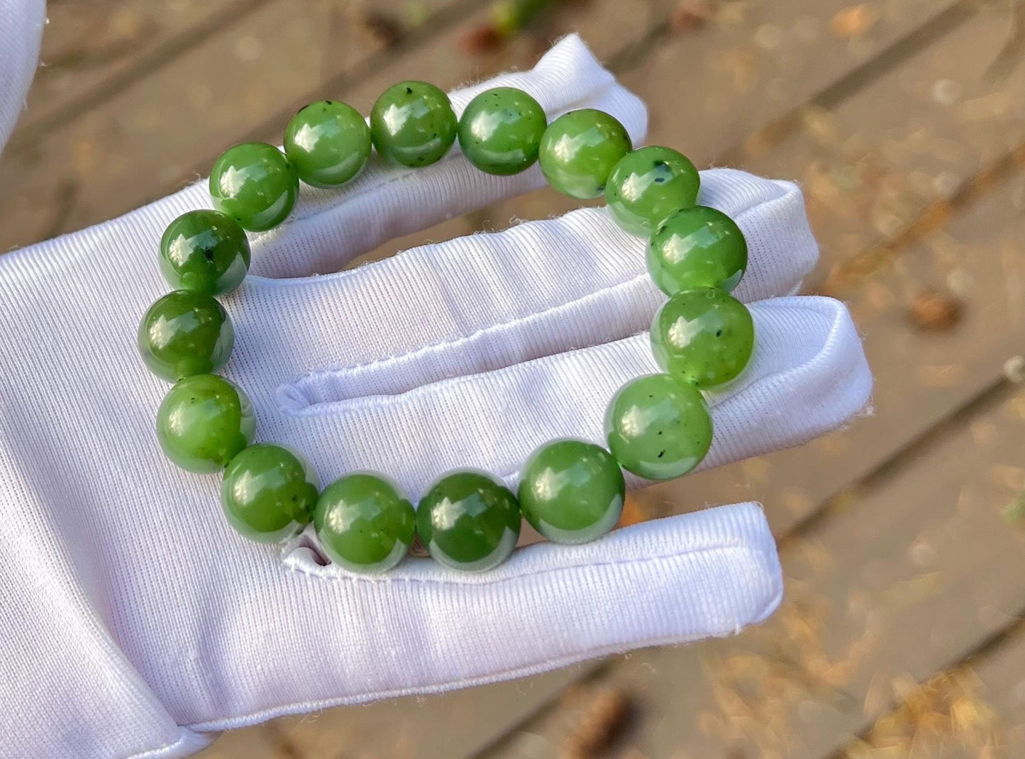 12mm Certified Natural hetian jade  Siberian green nephrite Bracelet/oily green nephrite 天然和田玉 俄料碧玉手链  冰润细腻#0631