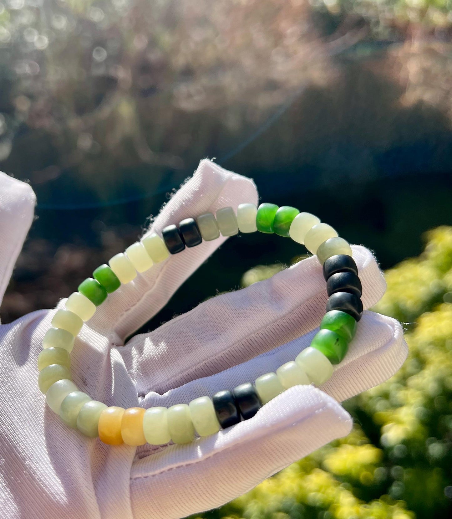 Certified Natural Hetian jade/multi color nephrite bracelet/straight cut thin beads天然精品和田玉多宝手串 #2631 直切隔片珠（碧玉糖玉青花青白玉）