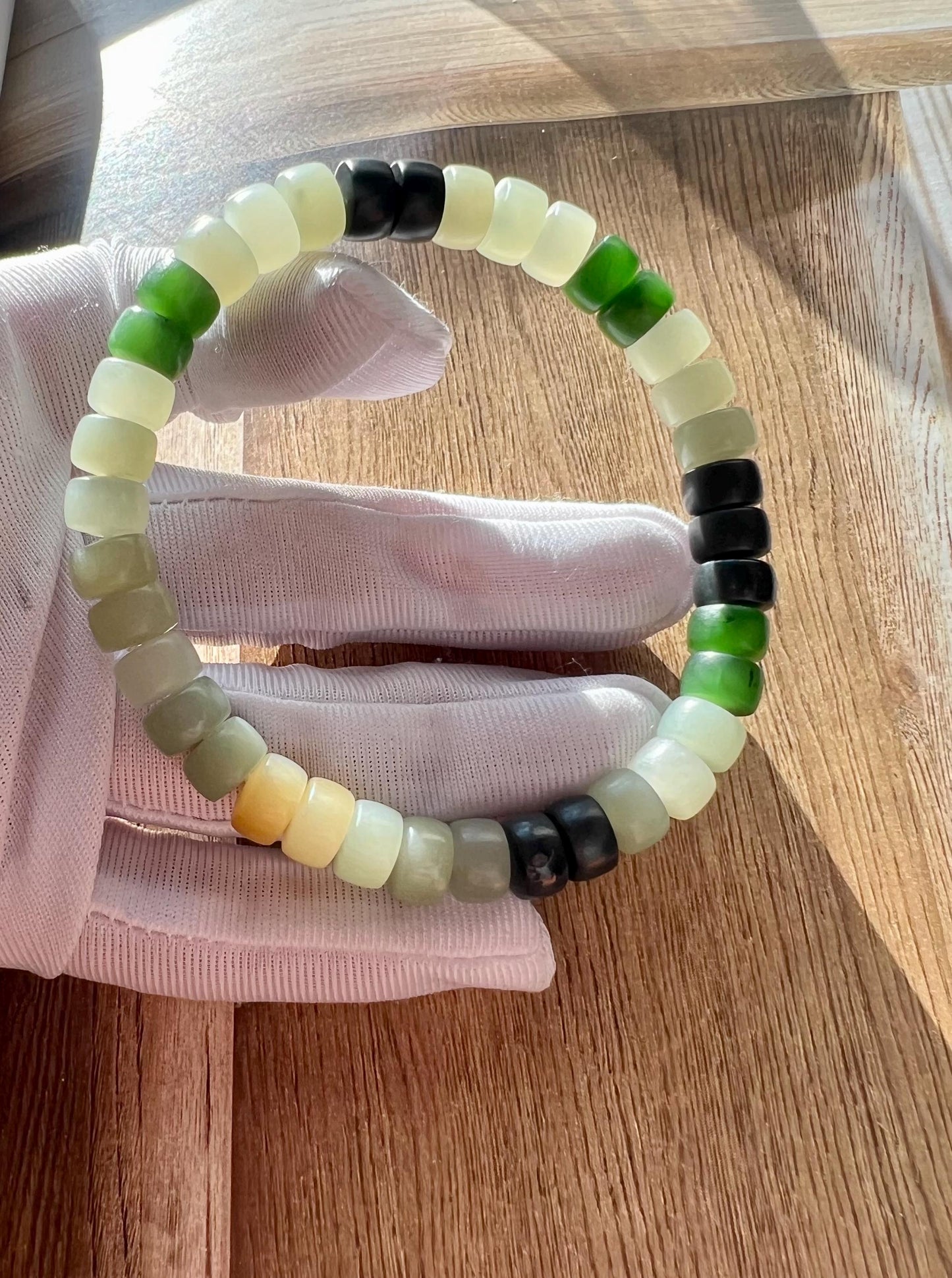Certified Natural Hetian jade/multi color nephrite bracelet/straight cut thin beads天然精品和田玉多宝手串 #2631 直切隔片珠（碧玉糖玉青花青白玉）