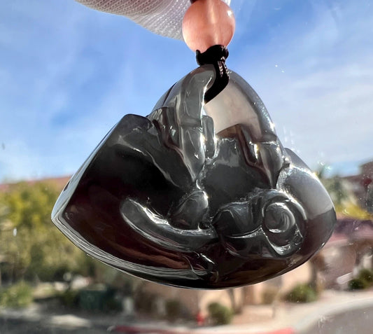 Certified natural Hetian jade Qinghai purple Nephrite Carved rose and lock bag/Imperial purple pendant necklace天然精品和田玉 青海烟紫玉 帝王紫 雕刻锁包吊坠#3412