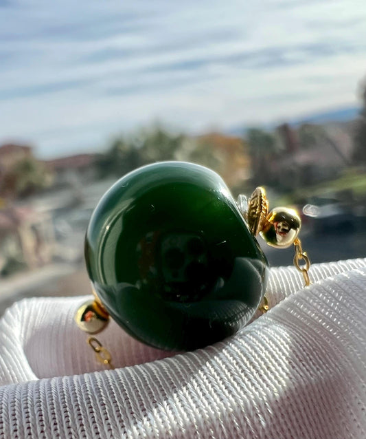 Certified natural Hetian jade/Siberian green  Nephrite apple bead pendant/Lucky Beads pendant/silver necklace天然精品和田玉 俄料碧玉 转运珠 深菠菜绿起莹光起猫#1959