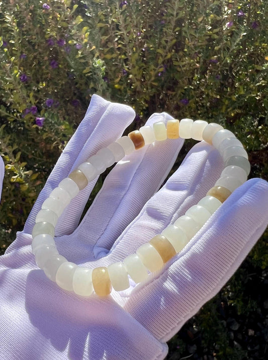 Certified natural hetian jade Siberian white/brown white Nephrite bracelet/straight cut thin beads 天然精品和田玉 精工直切药片珠 俄料白玉糖白玉 #2133 细柔光