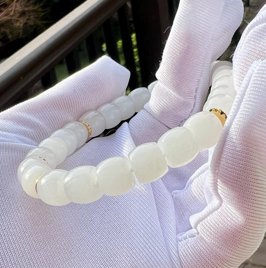 8*7mm Certified natural hetian jade Qinghai white Nephrite bracelet/straight cut/First-class white/天然精品和田玉 青海老料白玉 直切老型珠手串 #3632 胶糯一级白