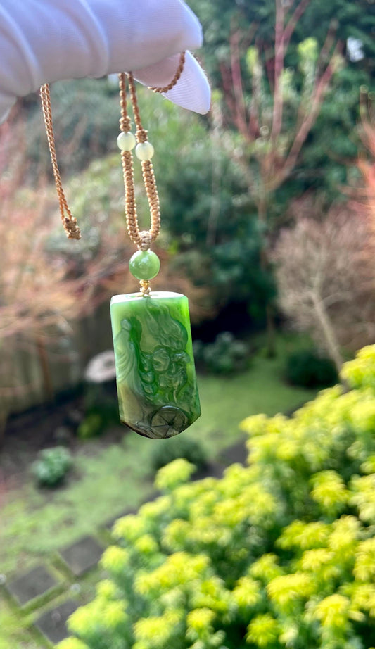 Certified natural hetian jade/Siberian green nephrite carved Enlightenment/in one thought pendant necklace天然和田玉 俄料碧玉 渐变夹层料 雕刻佛魔一念 #3959 悟道