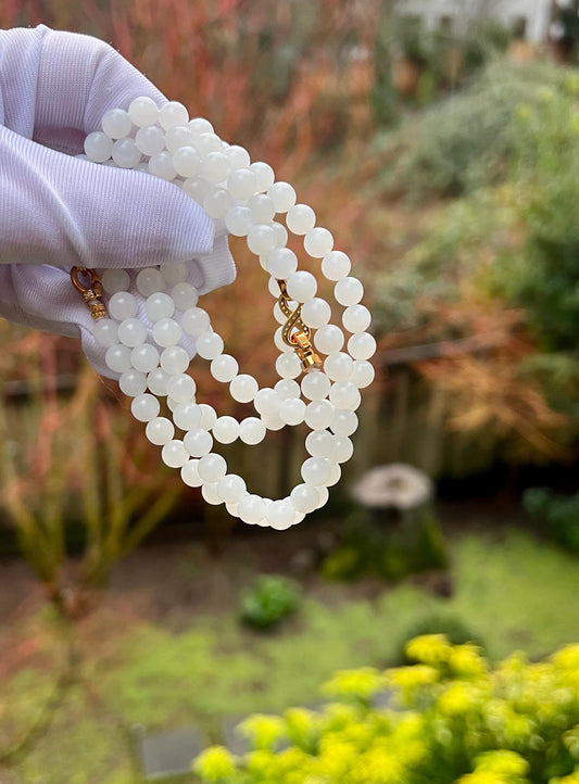 Certified natural Hetian Jade Siberian mutton fat white nephrite necklace/108 beads 天然精品和田玉 俄料老料 羊脂白玉 项链 108佛珠链 脂白#3574 灵气十足的俄白玉