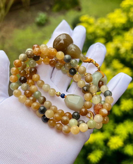 Certified natural hetian jade/Loulan multi color nephrite necklace 108 beads天然精品和田玉 楼兰三色 108佛珠链 多用项链 手链 #6610油熟老料 若羌糖玉葫芦