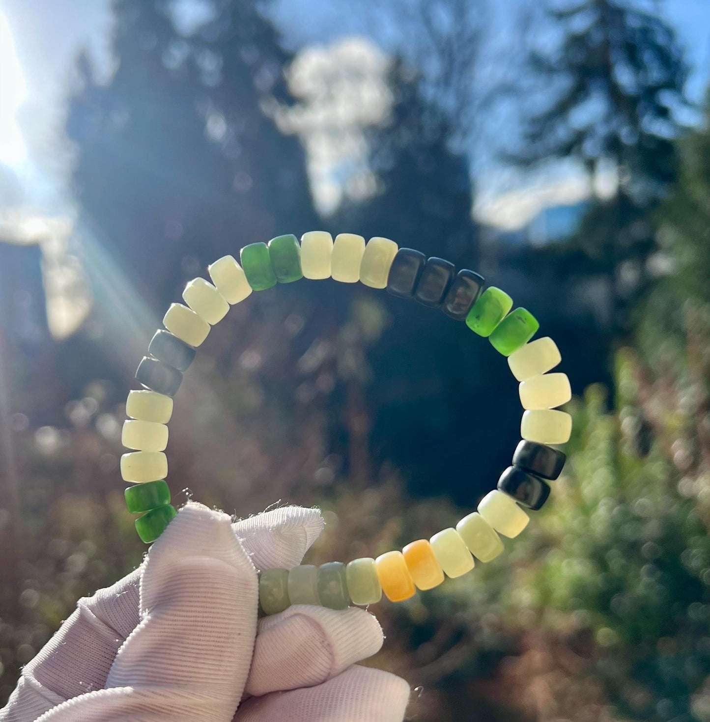 Certified Natural Hetian jade/multi color nephrite bracelet/straight cut thin beads天然精品和田玉多宝手串 #2631 直切隔片珠（碧玉糖玉青花青白玉）