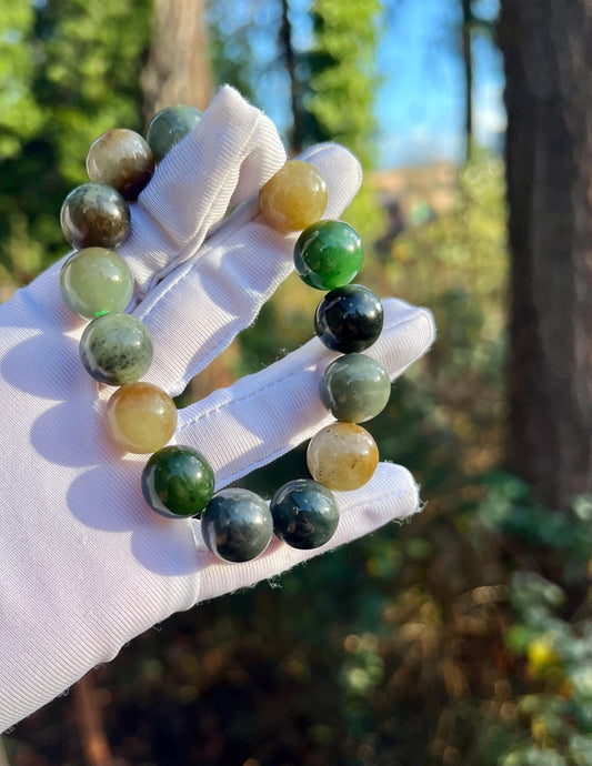 14mm Certified natural Hetian jade/Qiemo Ruoqiang multi color nephrite bracelet天然和田玉 多宝手串 楼兰配色 糖玉青花糖青碧籽#6470