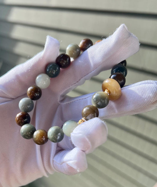10mm Certified natural Hetian jade /Qinghua Loulan multi color nephrite bracelet天然精品和田玉 楼兰三色手串 油熟细糯#2935 糖白小平安扣