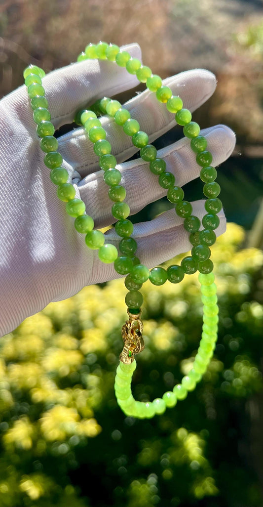 5.8mm Certified natural nephrite green jade/Sierian light apple green nephrite necklace/bracelet/108 beads/天然精品软玉 碧玉项链 108珠项链/手链#0497 嫩苹果绿