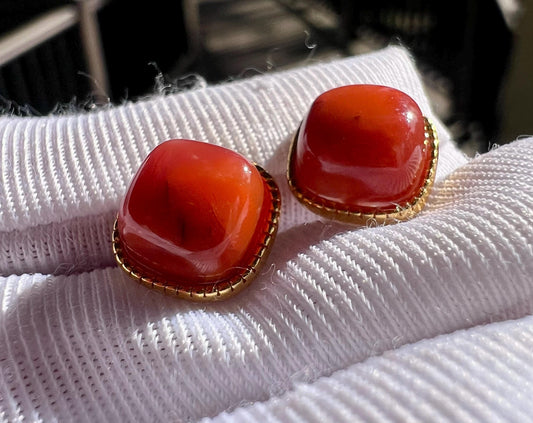 Certified natural Sichuan Nanhong agate earrings/Southern Red Agate square stud earrings/sterling silver天然精品川料南红耳钉/纯银镶嵌#0309 方块耳钉/近满红