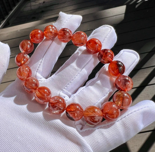 11mm+ Natural star light Red Hematoid quartz bracelet/full petal shape inclusion天然红胶花水晶手串 晶体干净 花多带闪片 六芒星光