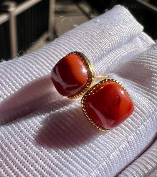Certified natural Sichuan Nanhong agate earrings/Southern Red Agate square stud earrings/sterling silver天然精品川料南红耳钉/纯银镶嵌#0292 小方块耳钉/近满红