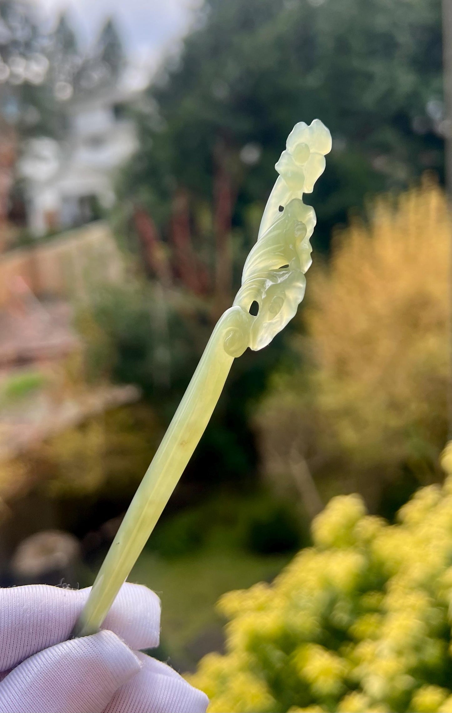 Certified natural Jade/Qingshui nephrite carved hairpin/hand made Magnolia flower hairgrip天然精品软玉 晴水色  手工雕刻玉兰花发簪/发笄#7263