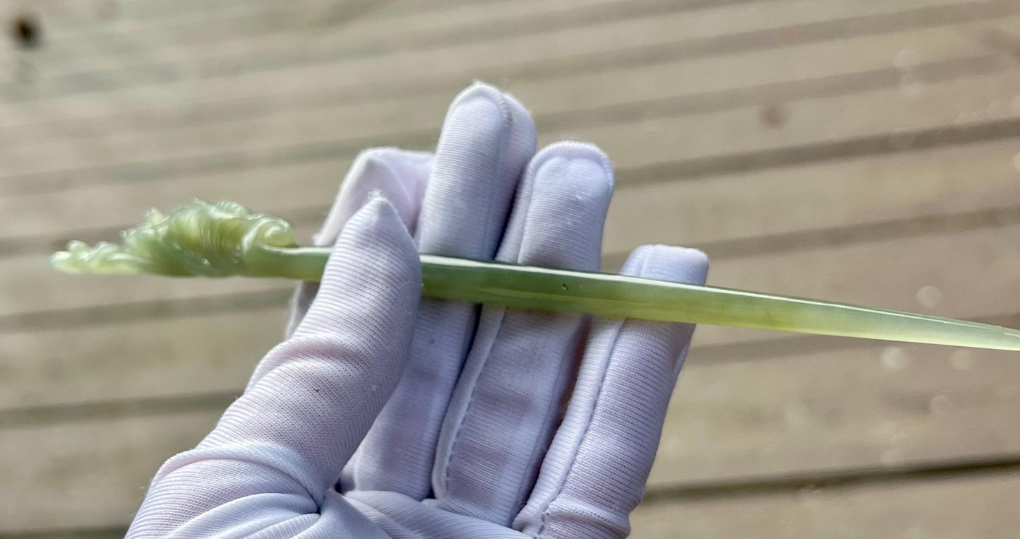 Certified natural Jade/Qingshui nephrite carved hairpin/hand made Magnolia flower hairgrip天然精品软玉 晴水色  手工雕刻玉兰花发簪/发笄#7263