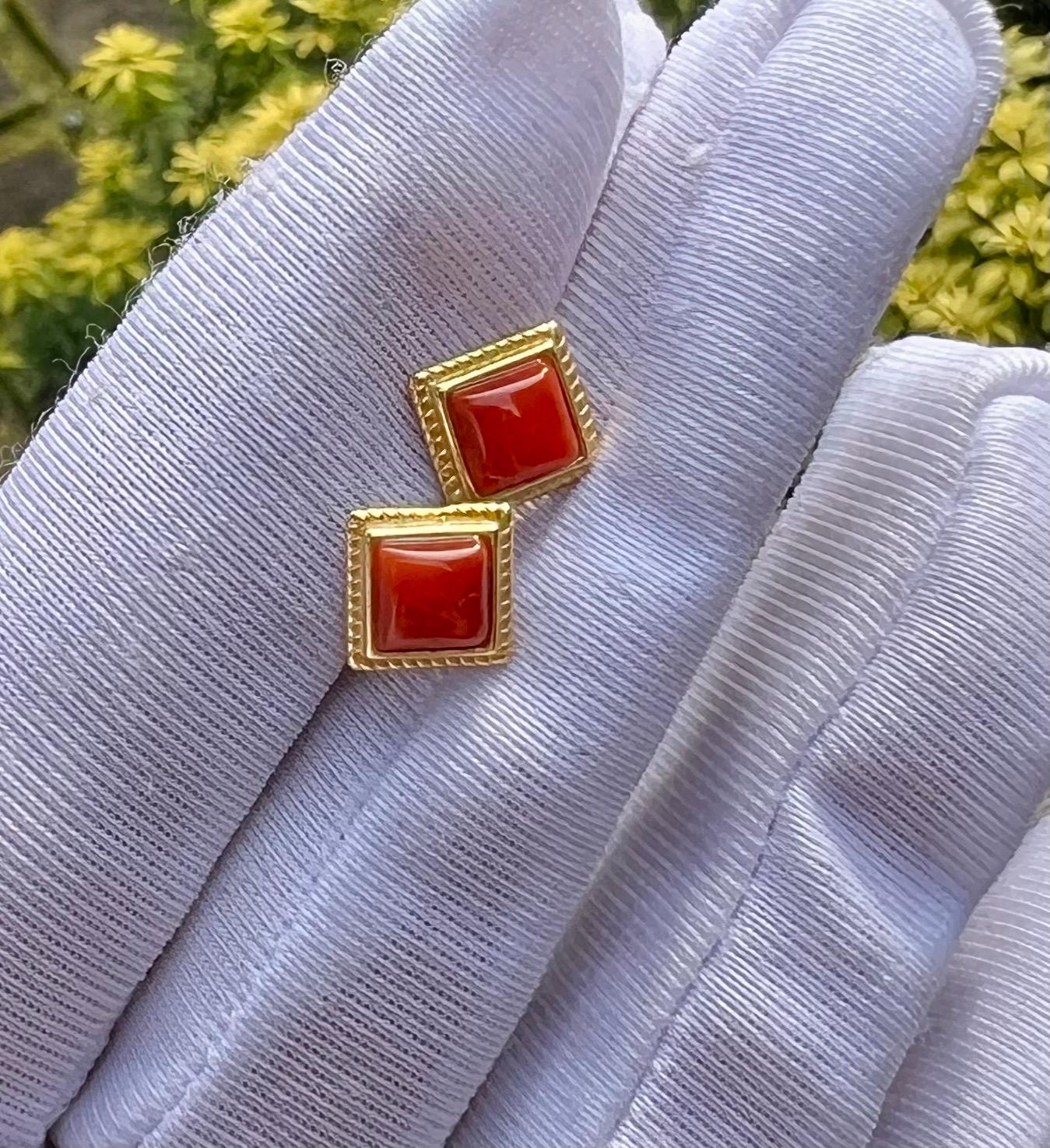 Certified natural Sichuan Nanhong agate earrings/Southern Red Agate square stud earrings/sterling silver天然精品川料南红耳钉/纯银镶嵌#0115 小方块耳钉/柿子红