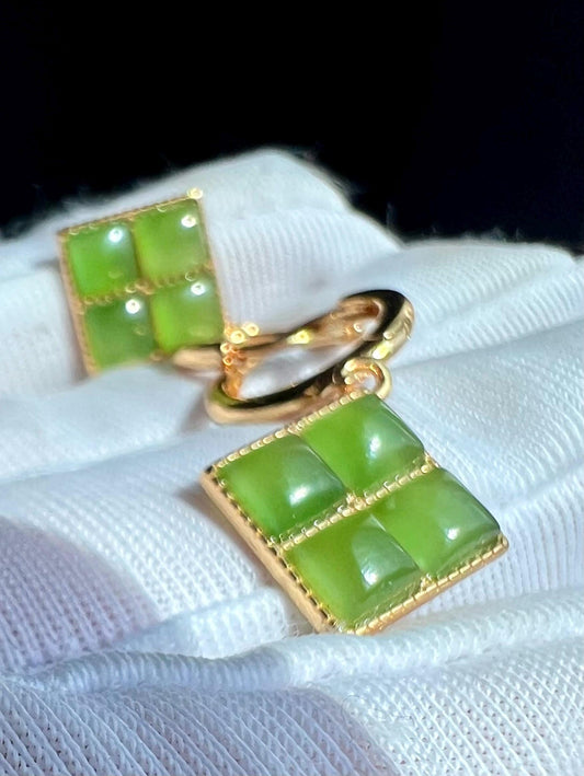 Certified natural nephrite green jade/green nephrite puzzle shape earrings/S925 clip on earrings 天然碧玉拼图耳环  纯银耳扣#0941