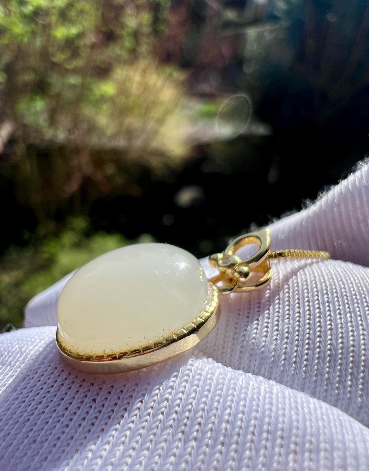 Certified natural nephrite oval pendant /white nephrite pendant Inlaid sterling silver/necklace 天然白玉蛋面吊坠 纯银镶嵌#0371 小尺寸