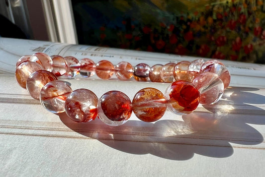 9mm+ Natural star light Red Hematoid quartz bracelet/ petal shape inclusion天然红胶花水晶手串 晶体干净 内有花瓣 带闪片