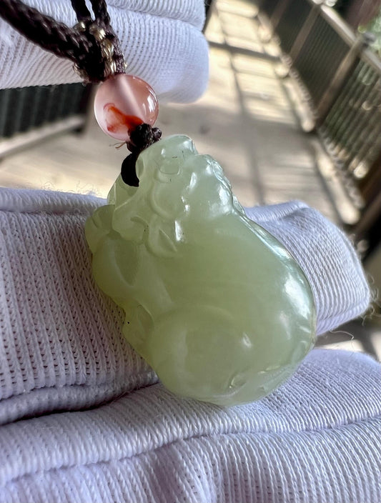 Certified natural jade/ icy light green nephrite carved Pixiu pendant necklace/hand braided lanyard天然冰晴水貔貅吊坠  冰润糯#0085 浅晴绿
