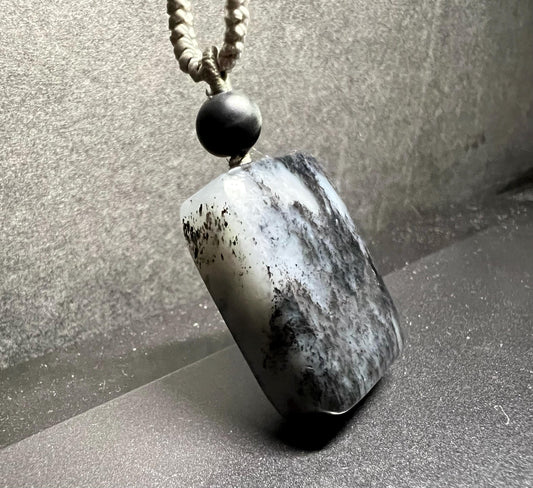 Certified natural jade /black and white nephrite rectangle pendant necklace/qinghua nephrite nothing pendant天然软玉 青花无事牌 水墨意境吊坠  #1813