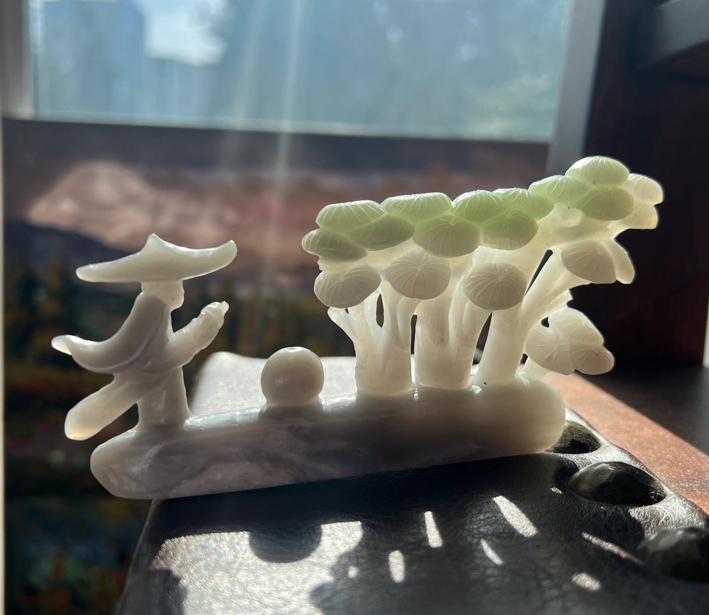 Certified natural nephrite ornament/Incense holder/Purple green and white tri-color nephrite天然软玉 青海翠青玉香插 摆件 紫翠白三色玉 /雕刻悟道#0094
