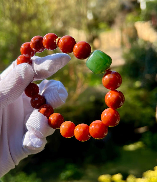 10.5mm  Certified natural Nanhong Agate Beads Bracelet, Southern Red Agate Bracelet, Chinese Red Agate, 天然精品 四川九口南红手串 #5137 柿子红 搭配碧玉方糖