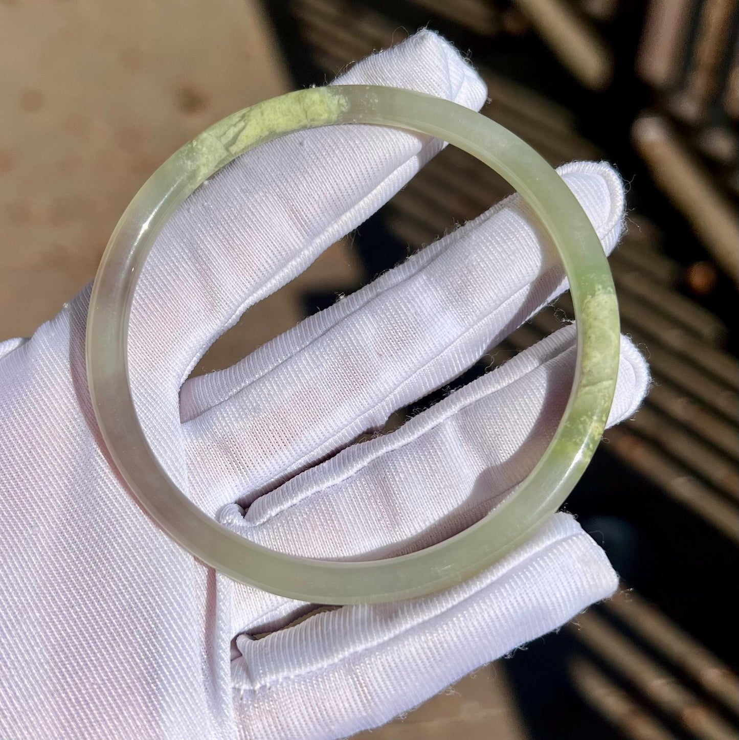 59.1mm Certified natural icy green purple white nephrite Bangle/Three color nephrite dangling bangle 天然软玉 紫翠白三色  细圆条手镯 叮当镯 #0780 起莹光