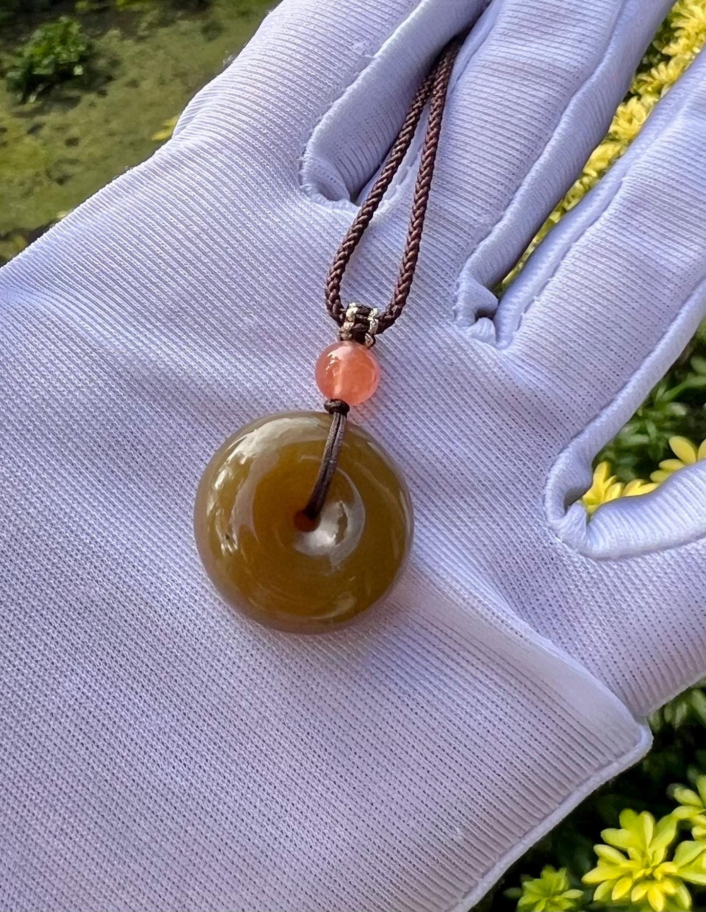Certified natural jade/  brown nephrite donut pendant/circle safety pendant 天然糖玉 平安扣 吊坠 项链 #2106 小尺寸