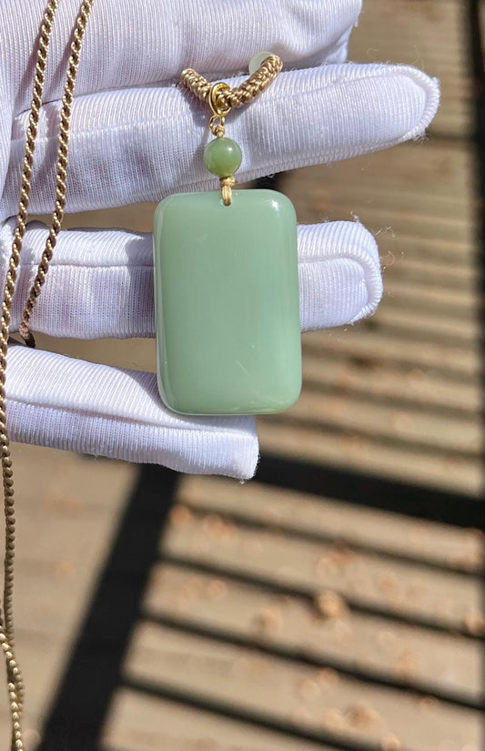 Certified natural nephrite green jade/ light bluish green nephrite safety pendant/nothing pendant necklace天然碧玉 夹层料 粉青无事牌#0668 起莹光