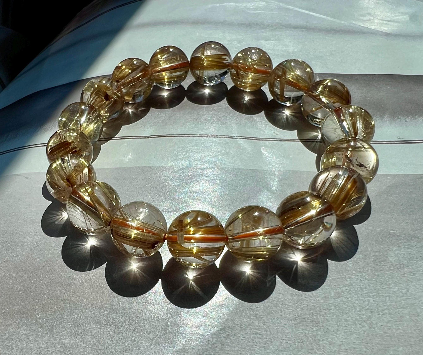 11mm+ Natural golden rutilated quartz bracelet, Golden Chatoyant Rutilated Quartz, 收藏品质 天然 玻璃体 板钛 猫眼金发晶/金钛晶手串#8489 金色纯正