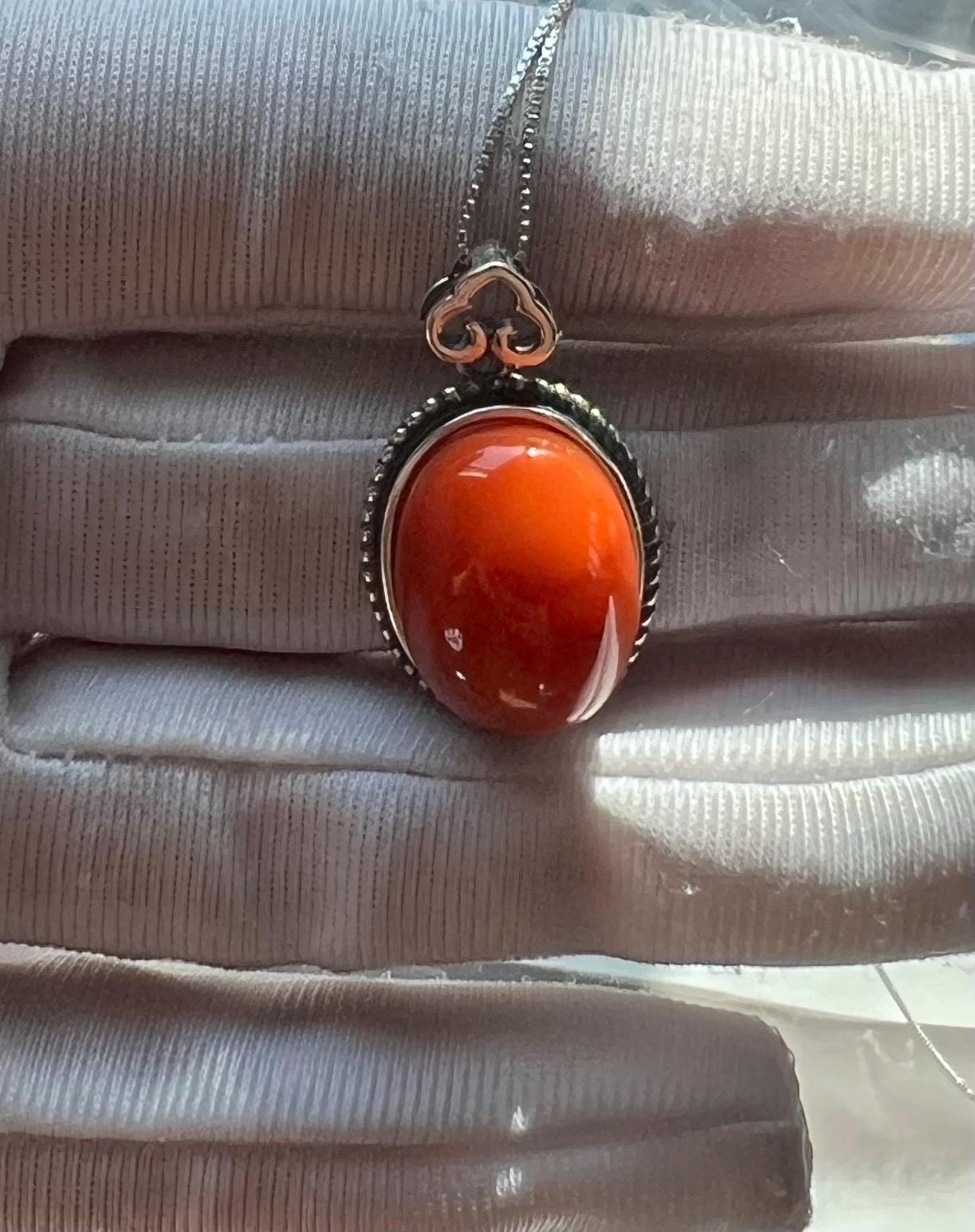 Certified natural Nanhong agate, Southern Red agate pendant ,Chinese Red agate sterling silver necklace 天然精品川料南红蛋面纯银吊坠 项链#0288 满色柿子红