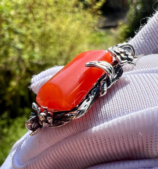 Certified natural Nanhong agate, Southern Red agate rectangle pendant ,Chinese Red sterling silver necklace 天然精品川料南红方形纯银吊坠 项链#0298 满色柿子红
