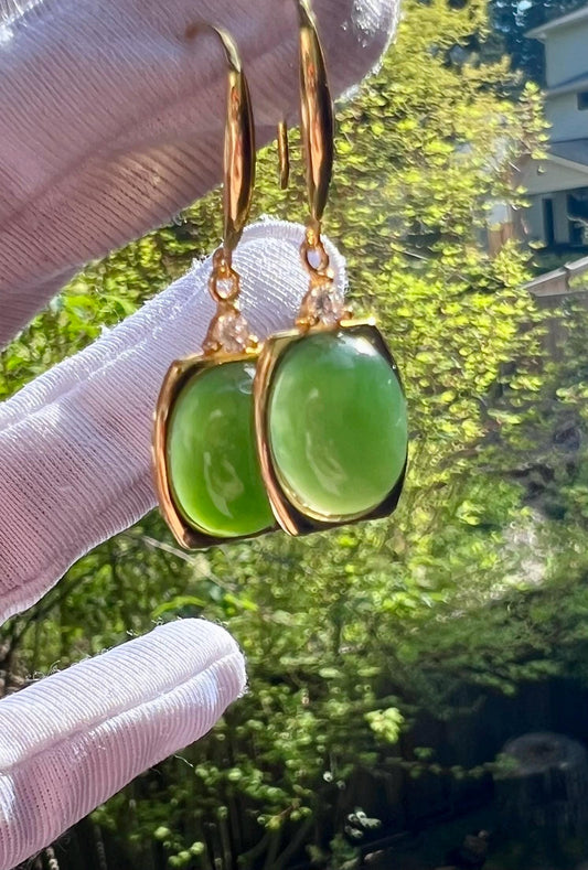 Certified natural nephrite green jade/green nephrite oval shaped earrings/S925 hook earrings 天然碧玉蛋面耳环  纯银耳钩#0064