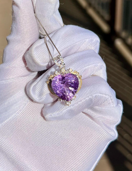 Natural Amethyst heart shape Pendant/Untreated facets Purple Amethyst pendant necklace/S925 天然精品 紫水晶 爱心吊坠 意工纯银镶嵌 纯银项链#1643