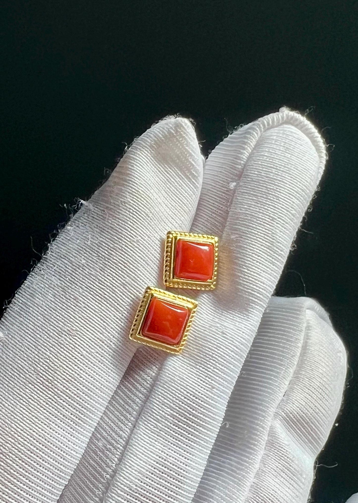 Certified natural Sichuan Nanhong agate earrings/Southern Red Agate square stud earrings/sterling silver天然精品川料南红耳钉/纯银镶嵌#0115 小方块耳钉/柿子红