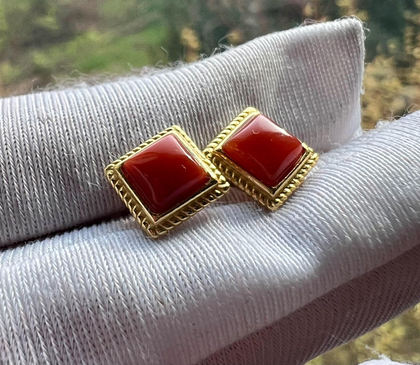 Certified natural Sichuan Nanhong agate earrings/Southern Red Agate square stud earrings/sterling silver天然精品川料南红耳钉/纯银镶嵌#0115 小方块耳钉/柿子红