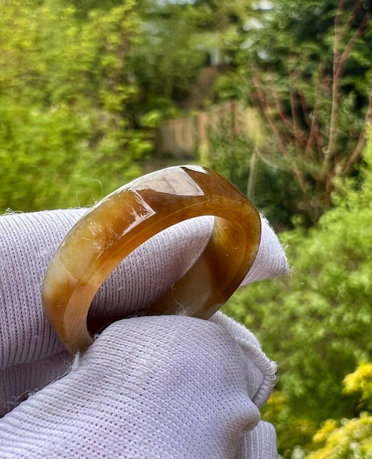 17.6mm Certified brown white Nephrite ring/golden brown white nephrite band ring 天然 糖白玉 黄糖白玉指环 戒指  糖白玉直切戒圈 扳指#4736/ US size7