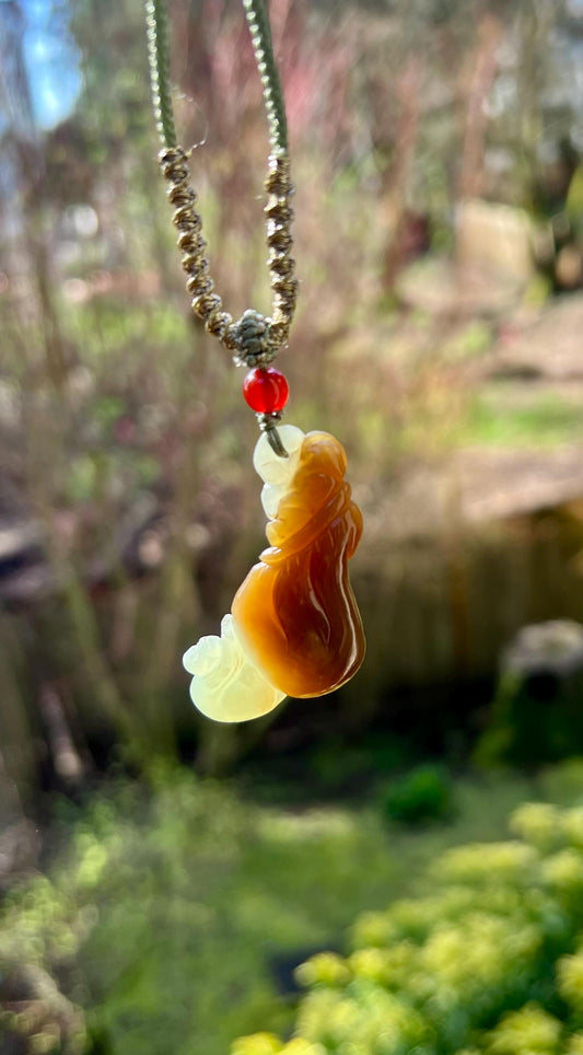 Certified natural jade/ Brown white Nephrite Carved monkey and purse pendant /greenish white nephrite 天然糖白玉 雕刻袋袋封猴 吊坠#5925 糖青白玉