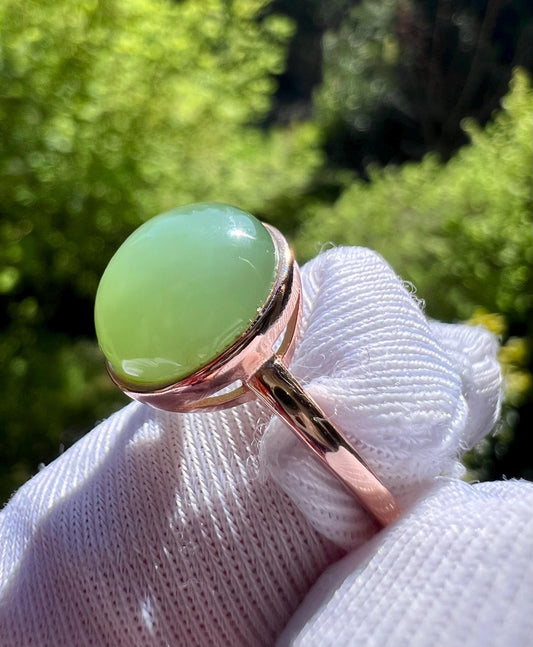 Certified natural nephrite green jade ring Sterling Silver ring/round shaped green nephrite/chatoyant 天然碧玉 粉绿 肉底起荧光起猫眼 纯银镶戒指/指环#5093