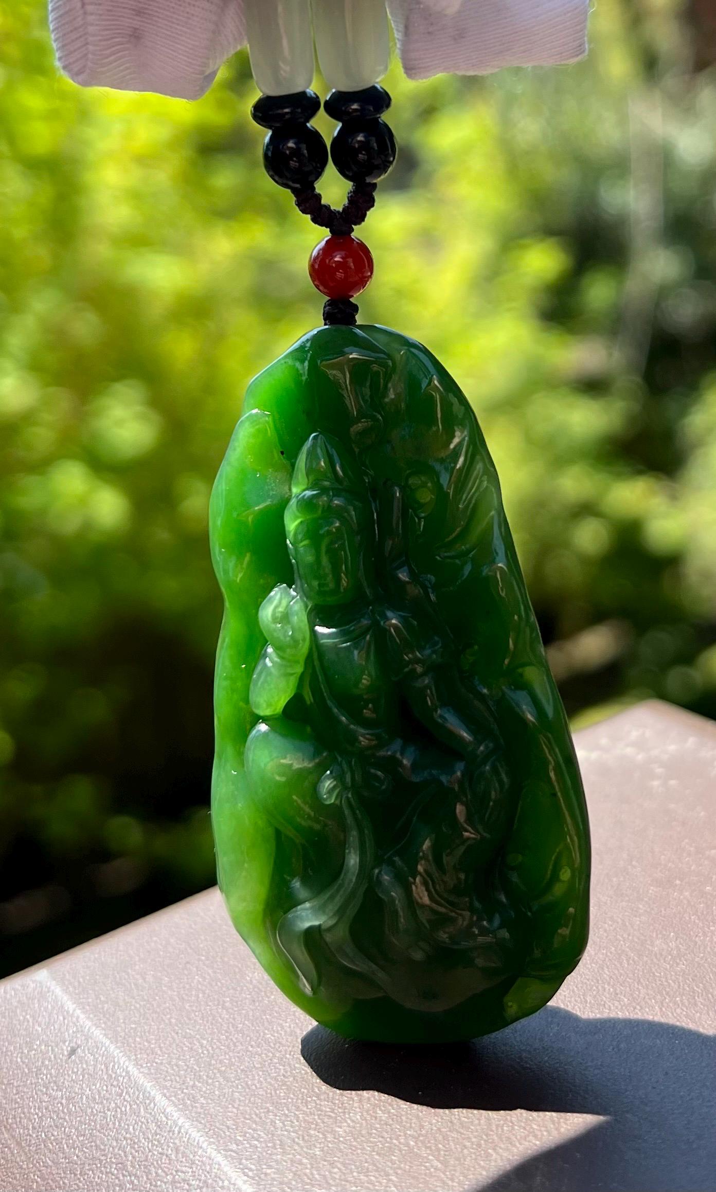 Certified natural nephrite green jade/Siberian green nephrite carved Guanyin pendant necklace/bright green nephrite 天然碧玉 老料雕刻观音吊坠 手把件#0629 阳绿起莹光