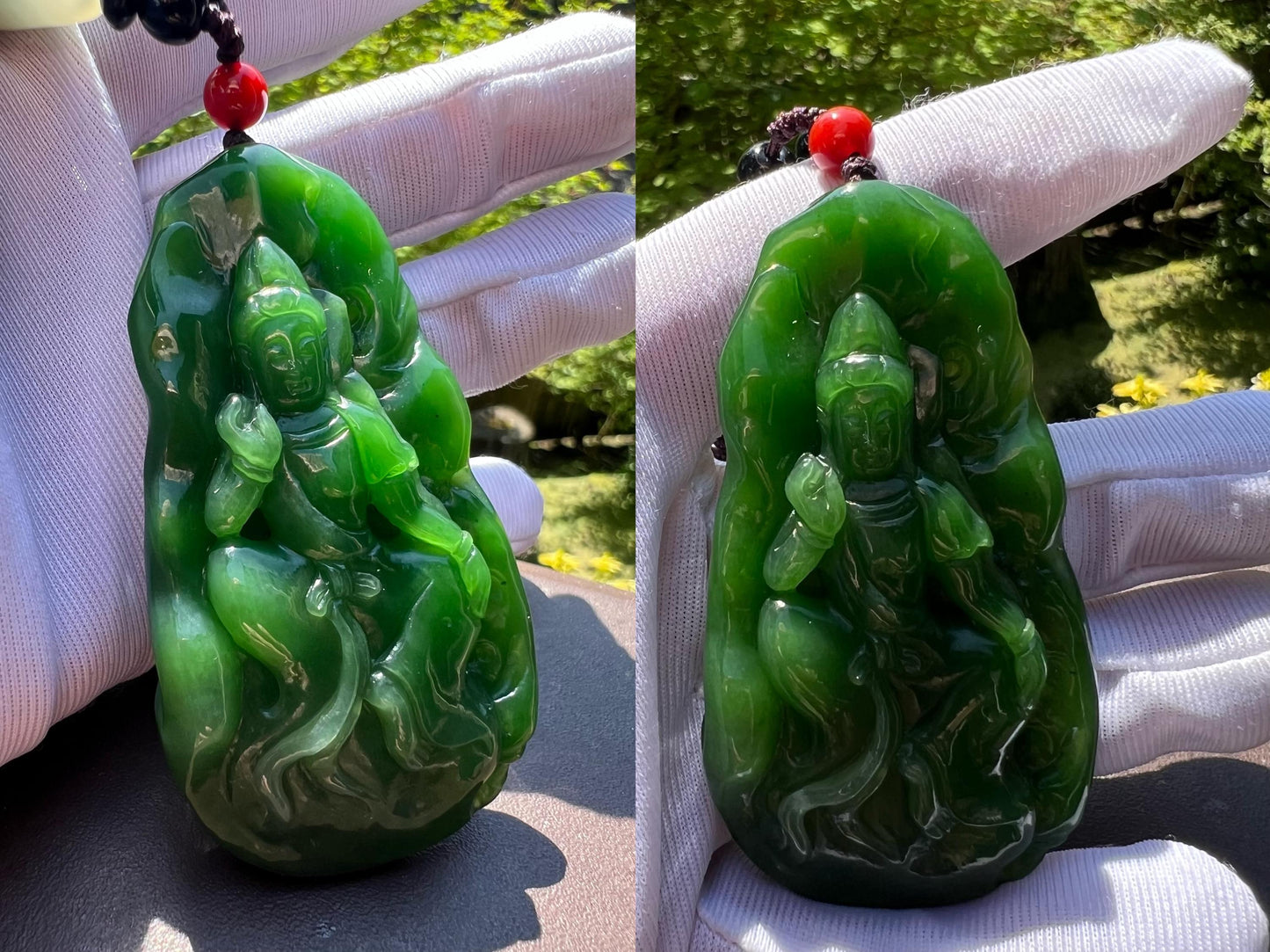 Certified natural nephrite green jade/Siberian green nephrite carved Guanyin pendant necklace/bright green nephrite 天然碧玉 老料雕刻观音吊坠 手把件#0629 阳绿起莹光